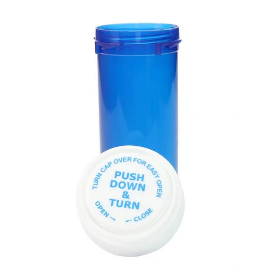 blue prescription bottle reversible tablet packaging dual directional pill container