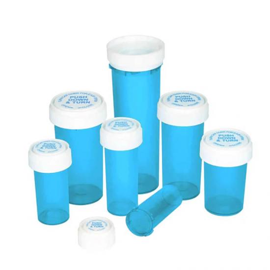 blue prescription bottle reversible tablet packaging dual directional pill container - SafeCare
