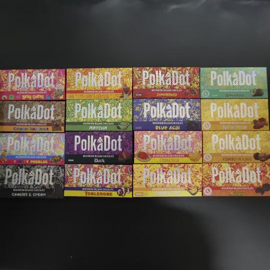 PolkaDot chocolate bar Packaging Boxes 12 kinds DARK POMEGRANATE ORUNCH Magic Mushroom polka dot chocolate bars package supply Milk Lucky Charms Acai shroom bars - SafeCare